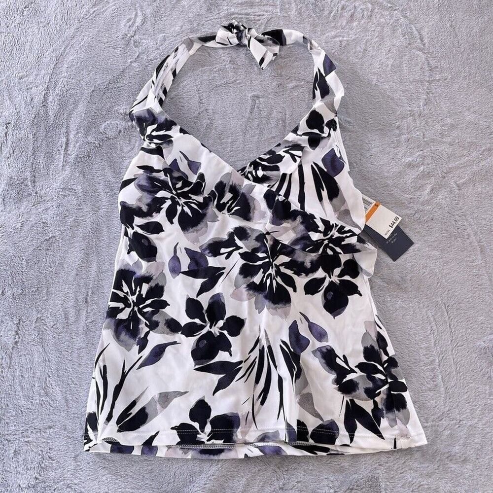 Aqua Couture Ruffle Halter Tankini Swim Top Black White Floral Womens Small
